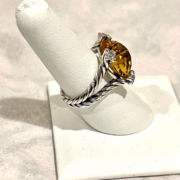 David Yurman Lemon Citrine Ring 925 Silver 15mm Cushion on Point Diamonds Sz 7.5 - Picture 4 of 9